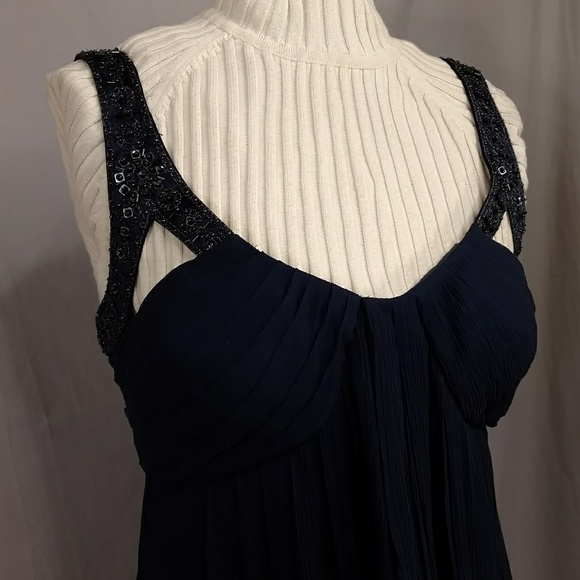 Sexy Silk Mini Dress Sheer Navy Blue Beaded Straps Plunge Neckline Party Evening - Picture 2 of 8